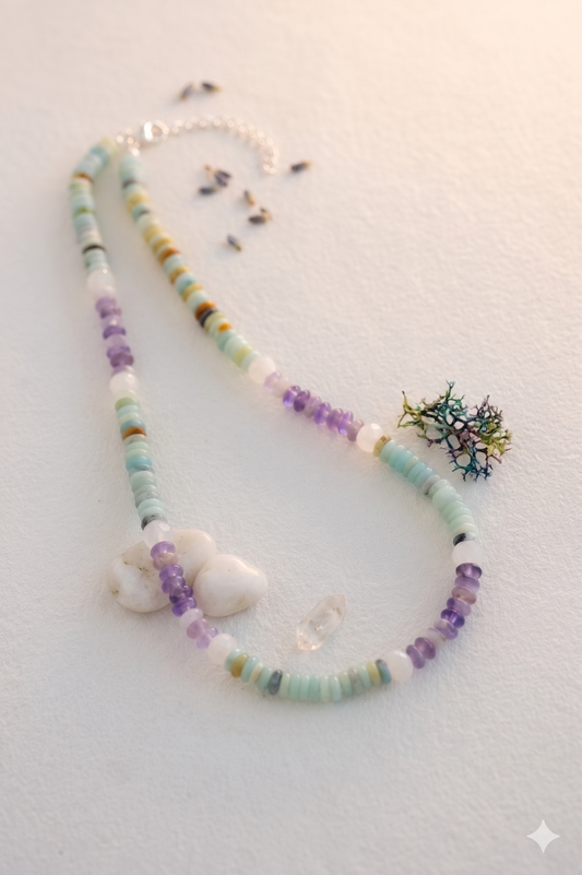 Oceanic Mint Refresh Necklace | Black Gold Amazonite Amethyst White Moonstone (A)