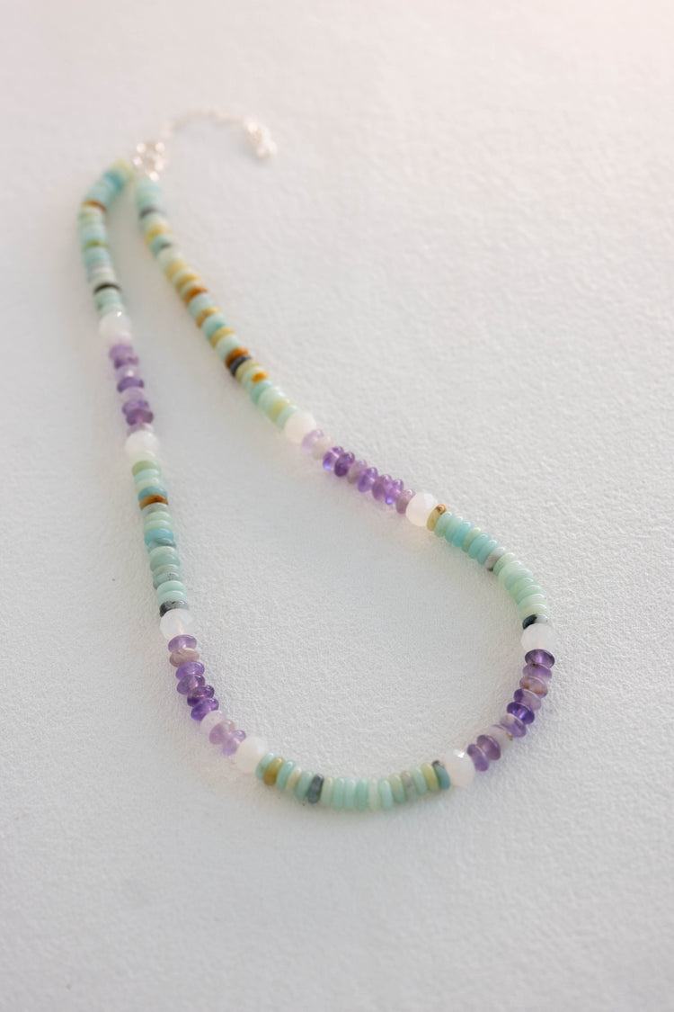 Oceanic Mint Refresh Necklace | Black Gold Amazonite Amethyst White Moonstone (A)