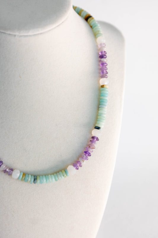 Oceanic Mint Refresh Necklace | Black Gold Amazonite Amethyst White Moonstone (A)