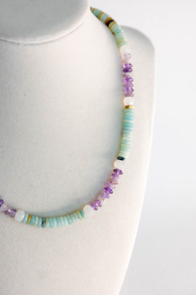 Oceanic Mint Refresh Necklace | Black Gold Amazonite Amethyst White Moonstone (A)