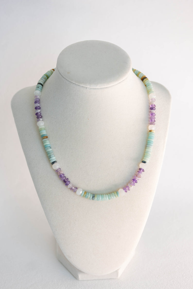 Oceanic Mint Refresh Necklace | Black Gold Amazonite Amethyst White Moonstone (A)