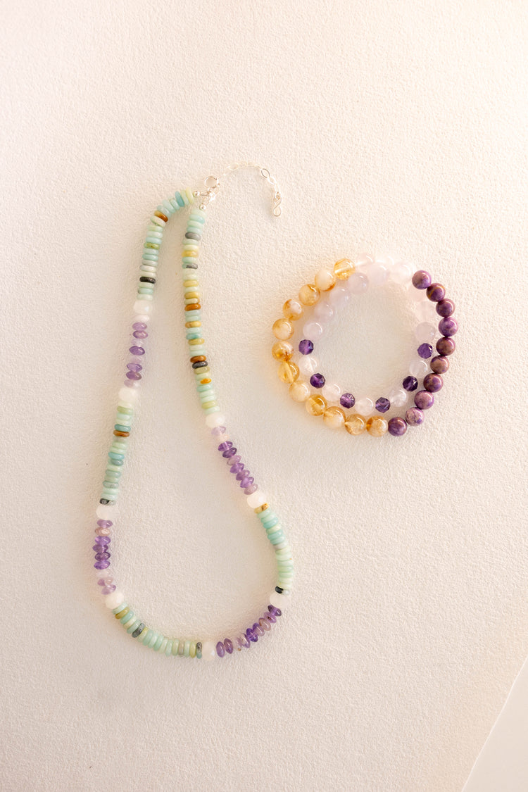 Oceanic Mint Refresh Necklace | Black Gold Amazonite Amethyst White Moonstone (A)