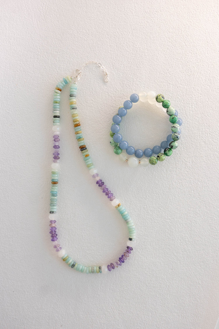 Oceanic Mint Refresh Necklace | Black Gold Amazonite Amethyst White Moonstone (A)