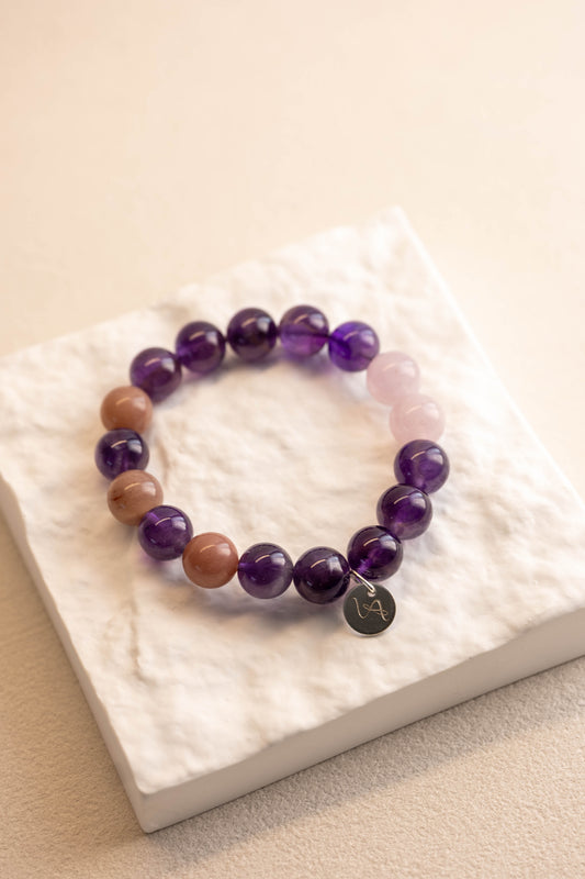 OnlyOne 2-8 Bracelet | Petrified Wood Agate Deep Purple Amethyst Madagascar Purple Rose Quartz(AA)