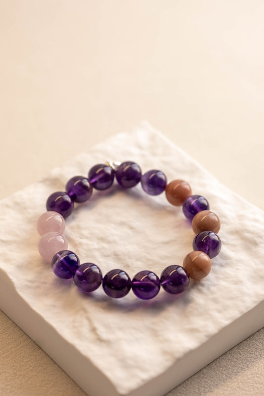 OnlyOne 2-8 Bracelet | Petrified Wood Agate Deep Purple Amethyst Madagascar Purple Rose Quartz(AA)
