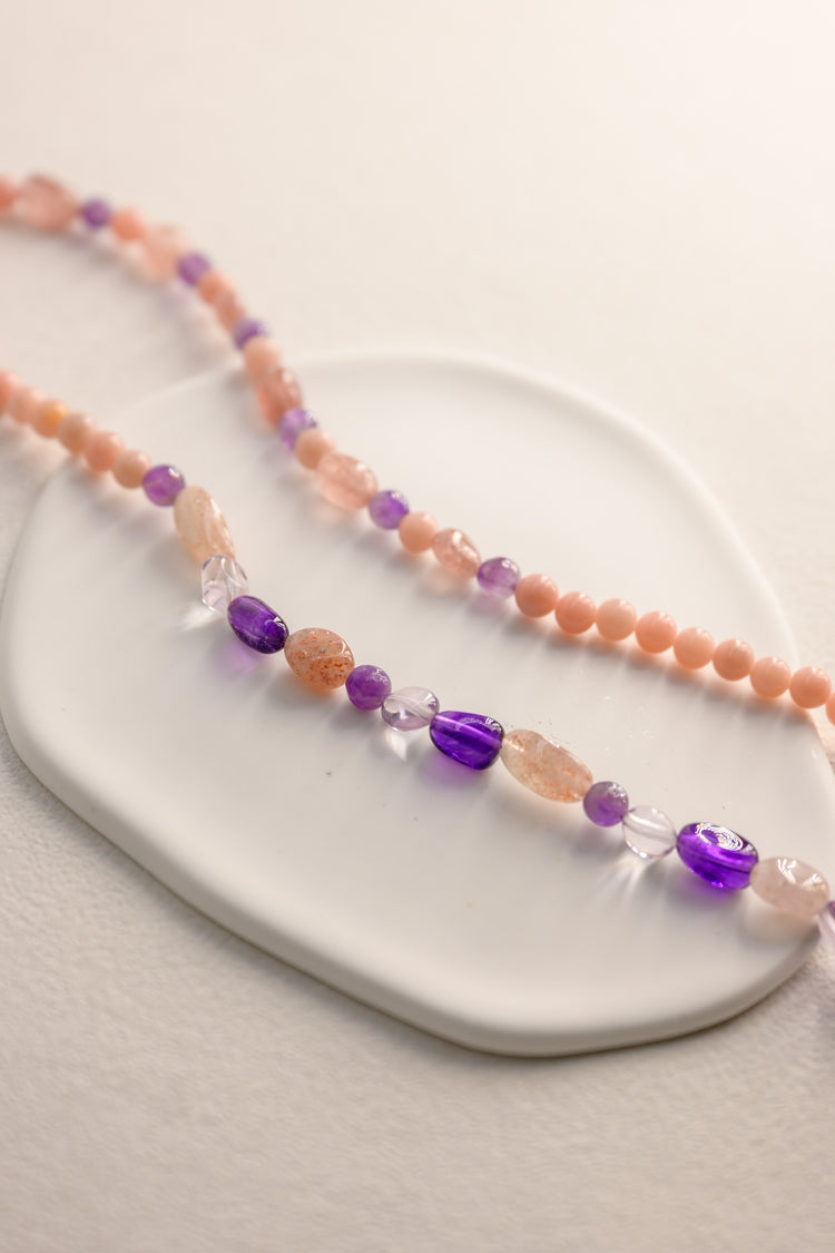 OnlyOne 1-17 Necklace/ /Three Wrapped Bracelet  | Pink Opal(A) Amethyst Strawberry Quartz