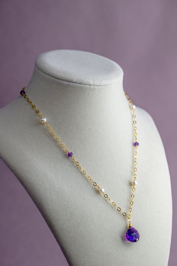 Pansy Amethyst Drop Freshwater Pearl Star Station Necklace