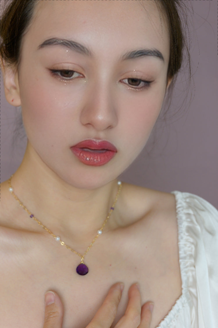 Pansy Amethyst Drop Freshwater Pearl Star Station Necklace