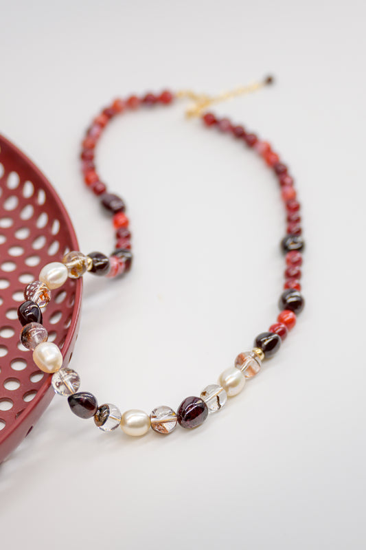 Passion Necklace with Garnet, Cherry Red Fire Agate, Red Rutilated Quartz, Freshwater Pearl