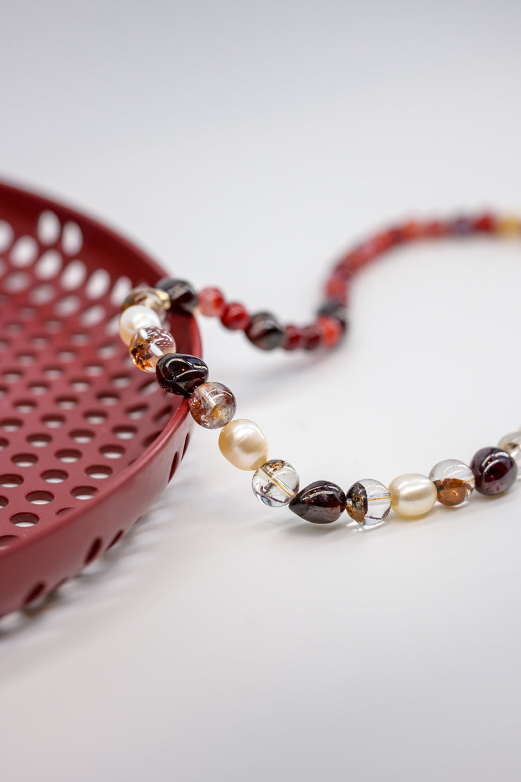 Passion Necklace with Garnet, Cherry Red Fire Agate, Red Rutilated Quartz, Freshwater Pearl