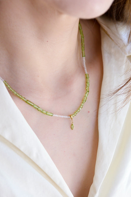 Lime Breeze Necklace with Marquise Peridot Pendant | Rainbow Moonstone Peridot