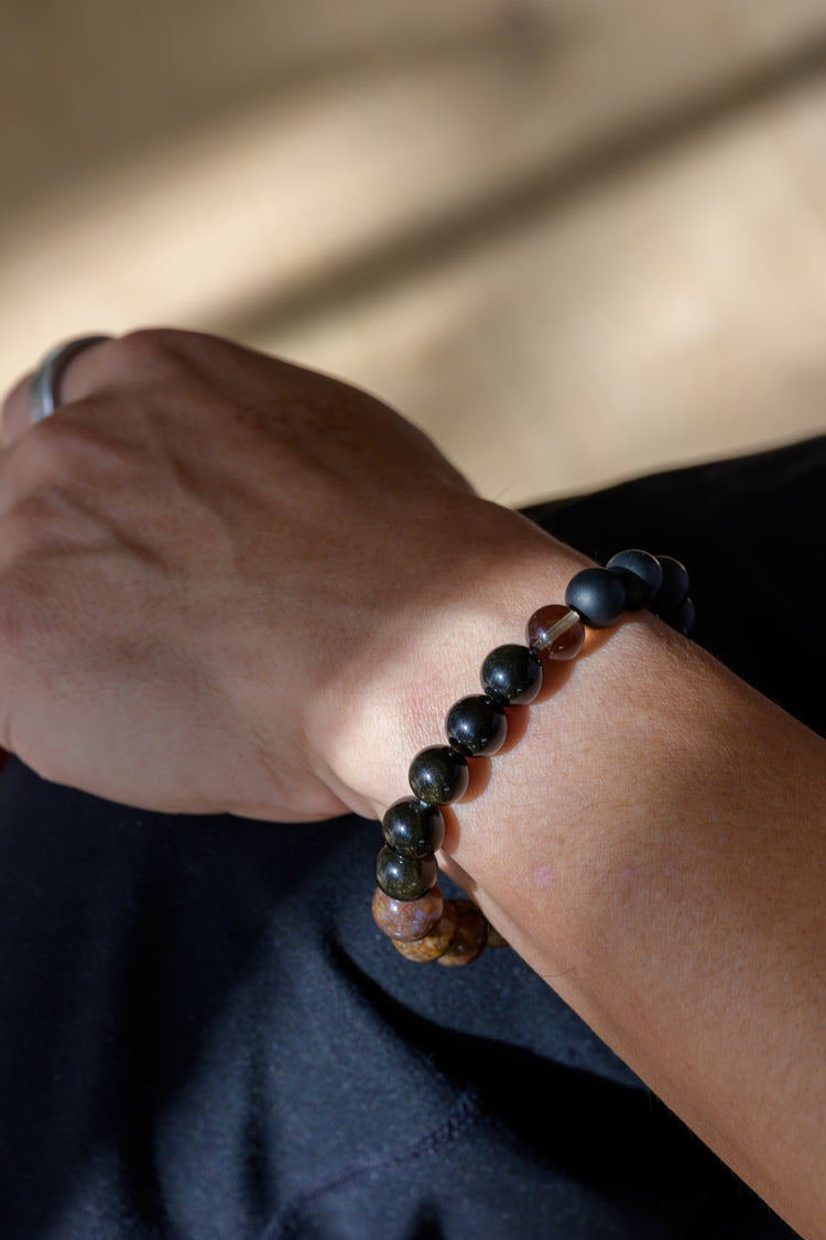 Golden Ambition Man Bracelet | Pietersite Golden Obsidian Black Onyx (matte AA)Smoky Quartz