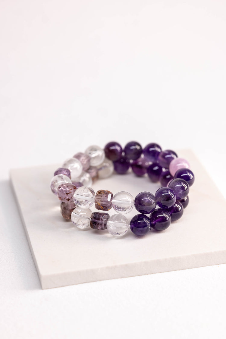 Prismatic Thought Bracelet | Kunzite(AA) Amethyst(A) Purple Phantom Quartz (Auralite-23) Rock Crystal