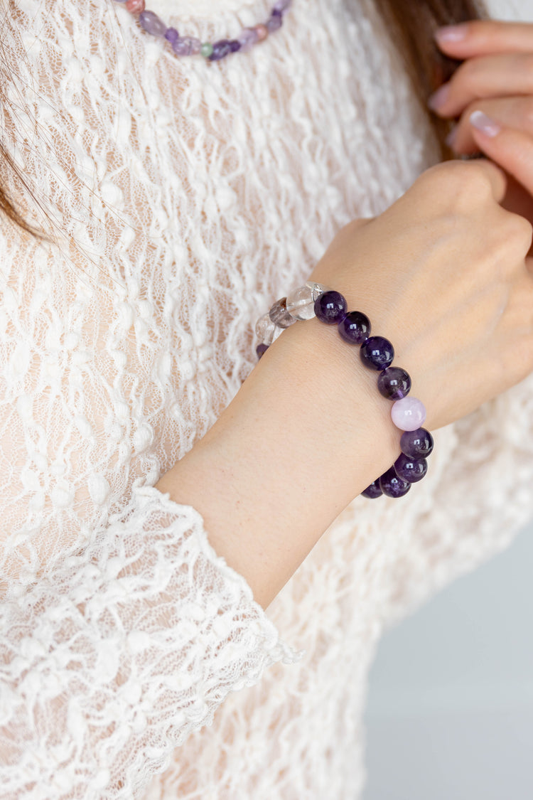 Prismatic Thought Bracelet | Kunzite(AA) Amethyst(A) Purple Phantom Quartz (Auralite-23) Rock Crystal