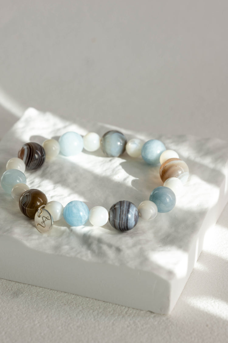 Prismatic Thought Bracelet | Aquamarine(A) Spiral Troca Shell Botswana Agate
