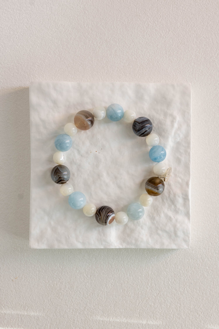 Prismatic Thought Bracelet | Aquamarine(A) Spiral Troca Shell Botswana Agate
