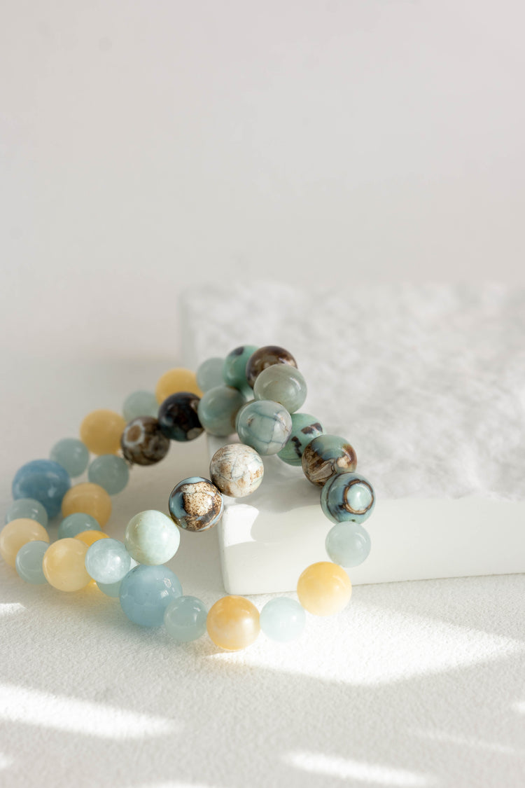 Prismatic Thought Bracelet | Aquamarine(A) Namibian Robin-Egg Chalcedony Yellow Calcite