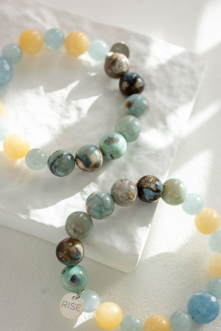 Prismatic Thought Bracelet | Aquamarine(A) Namibian Robin-Egg Chalcedony Yellow Calcite