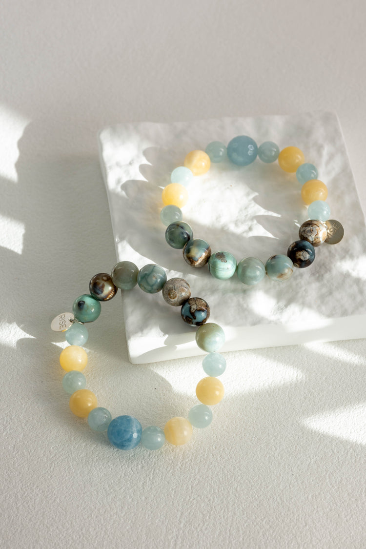 Prismatic Thought Bracelet | Aquamarine(A) Namibian Robin-Egg Chalcedony Yellow Calcite