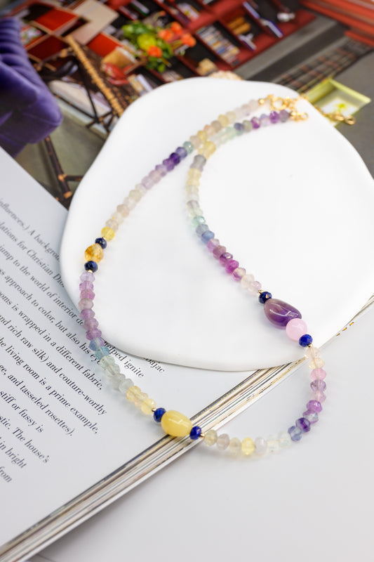 Galaxy Pop Necklace | Rainbow Fluorite Kunzite Lapis Yellow Opal amethyst