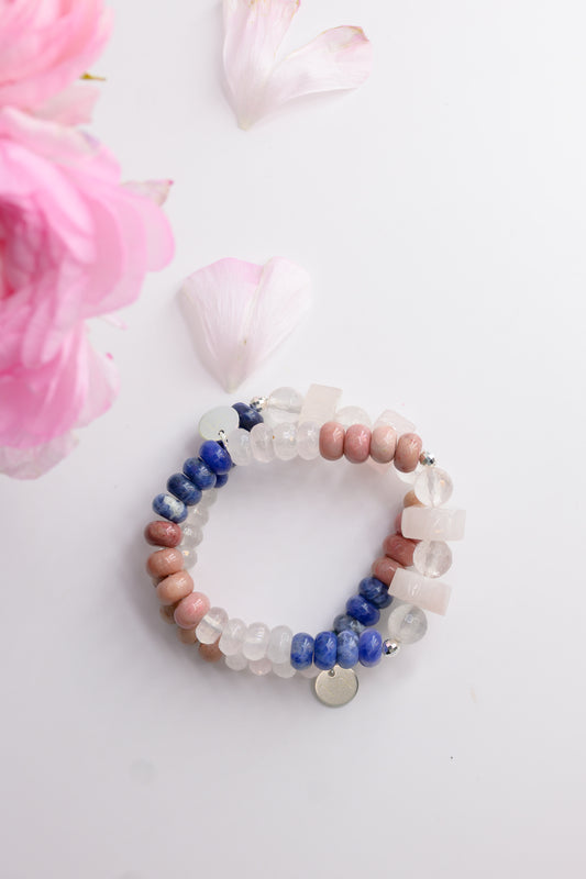 Bonded Bliss Bracelet | Madagascar Rose Quartz Wood Rhodonite Brazilian Sodalite