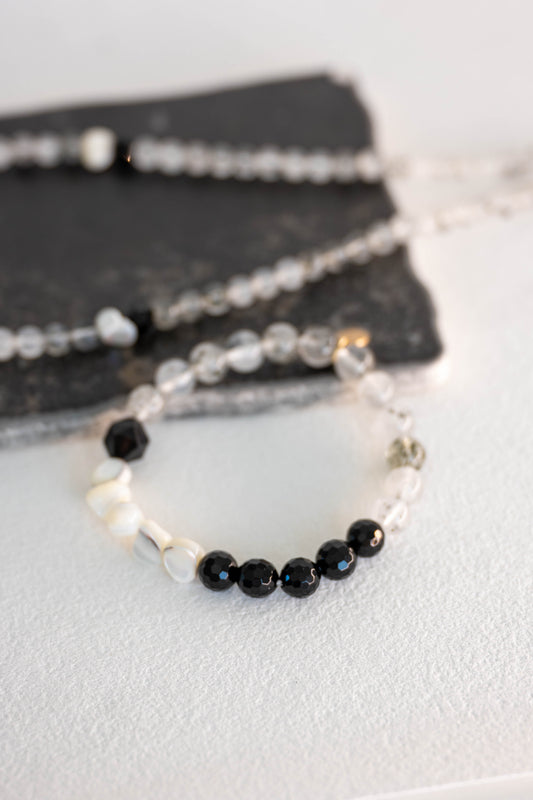 Shadow Balance Bracelet | Kiwi Quartz White Trochus Shell Black Onyx