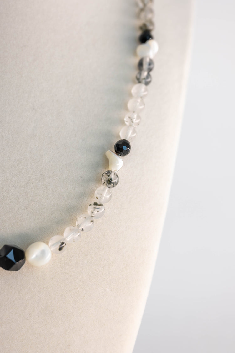 Shadow Balance Necklace | Kiwi Quartz White Trochus Shell Black Onyx