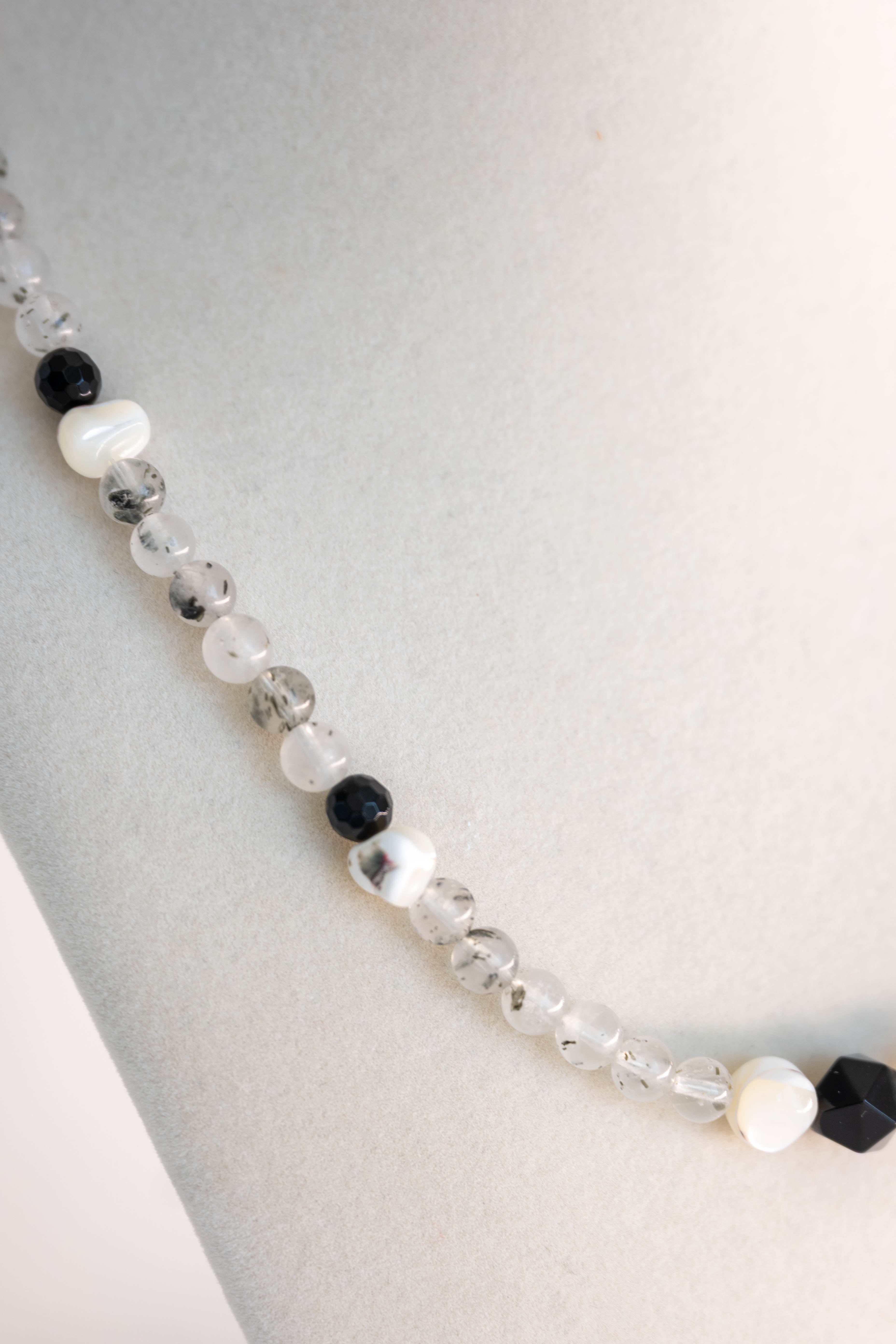 Shadow Balance Necklace | Kiwi Quartz White Trochus Shell Black Onyx