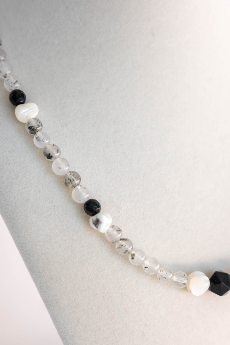 Shadow Balance Necklace | Kiwi Quartz White Trochus Shell Black Onyx