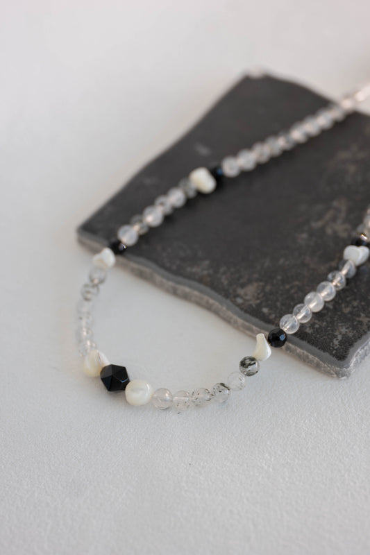 Shadow Balance Necklace | Kiwi Quartz White Trochus Shell Black Onyx