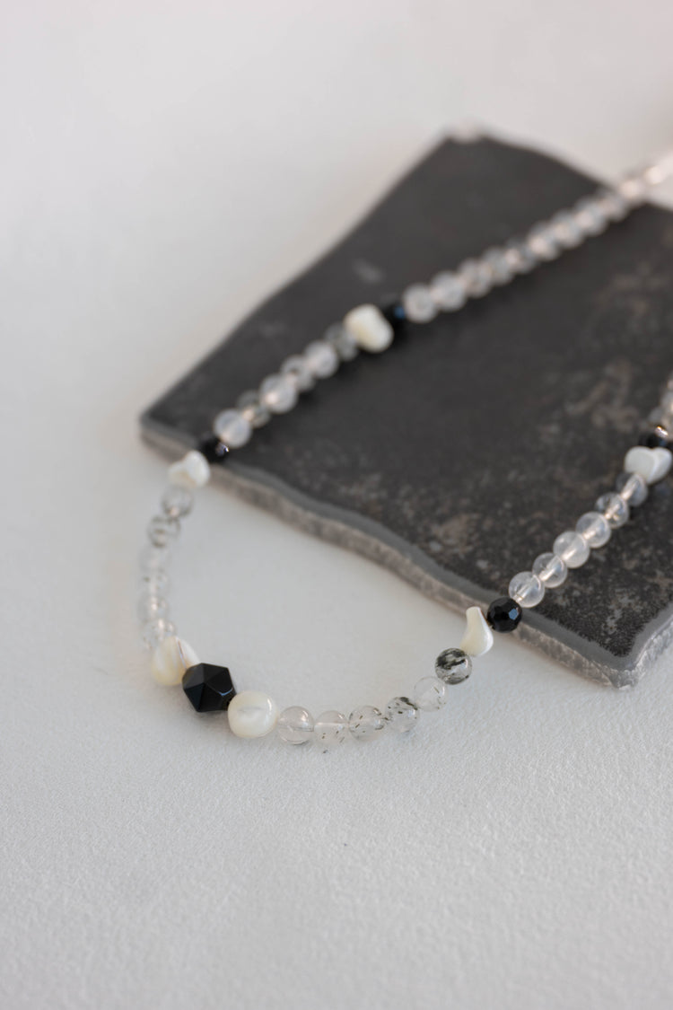 Shadow Balance Necklace | Kiwi Quartz White Trochus Shell Black Onyx