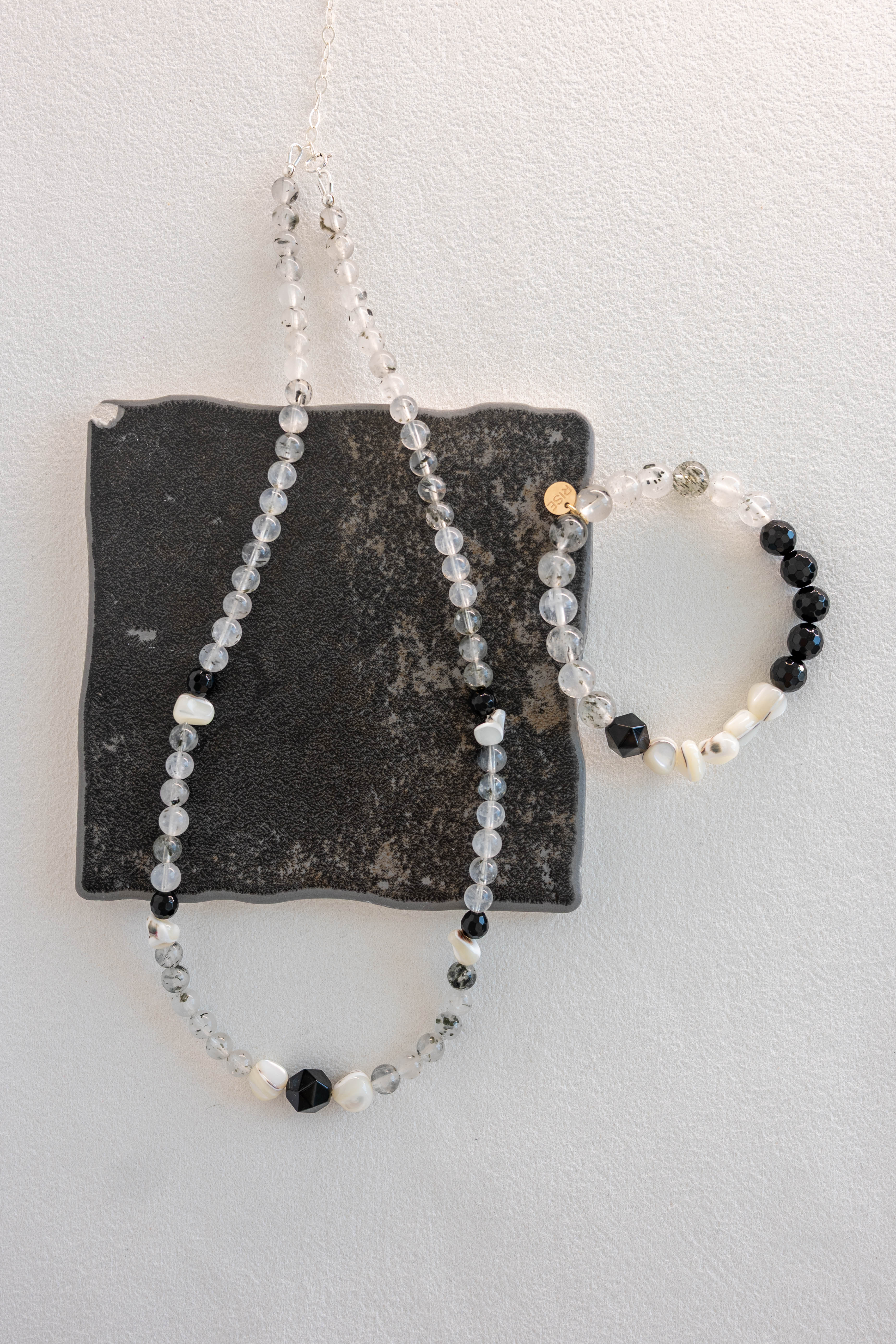 Shadow Balance Necklace | Kiwi Quartz White Trochus Shell Black Onyx