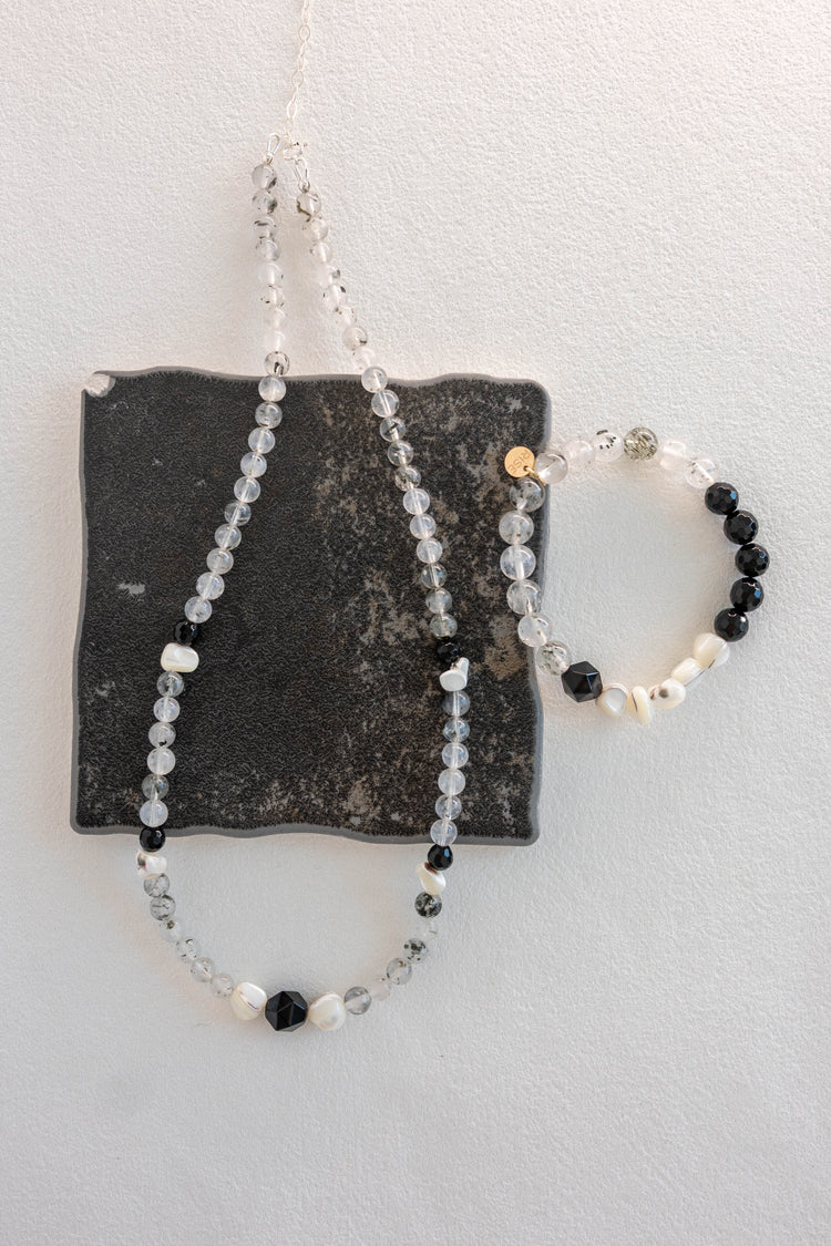 Shadow Balance Necklace | Kiwi Quartz White Trochus Shell Black Onyx