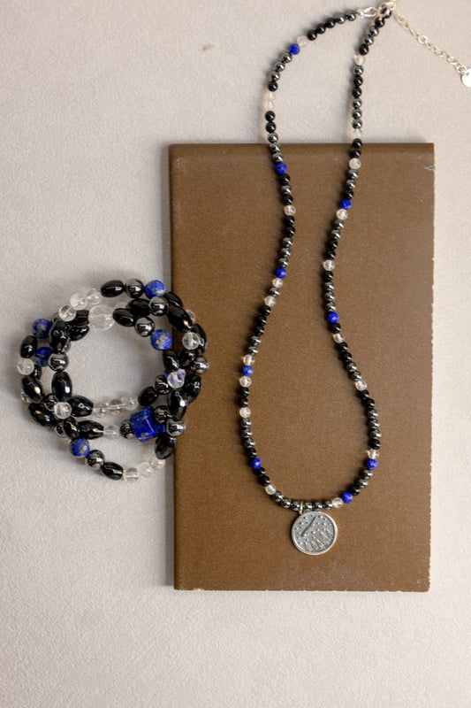 Falling Star Song Charm Necklace | Hematite Black Onyx Rock Crystal Quartz Lapis