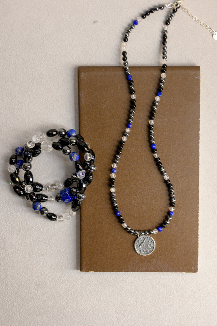 Falling Star Song Charm Necklace | Hematite Black Onyx Rock Crystal Quartz Lapis