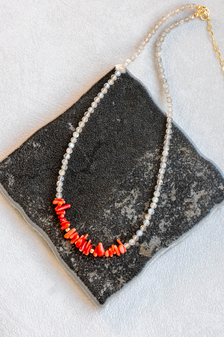 The Sicilian Pulse Necklace | Italian Red Coral (AA) Labradorite(AA)