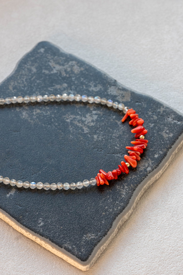 The Sicilian Pulse Necklace | Italian Red Coral (AA) Labradorite(AA)