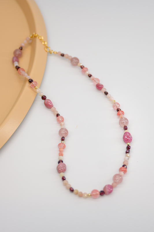 Tender Passion Necklace with Pink Opal, Pink Tourmaline, Strawberry Quartz, and Garnet