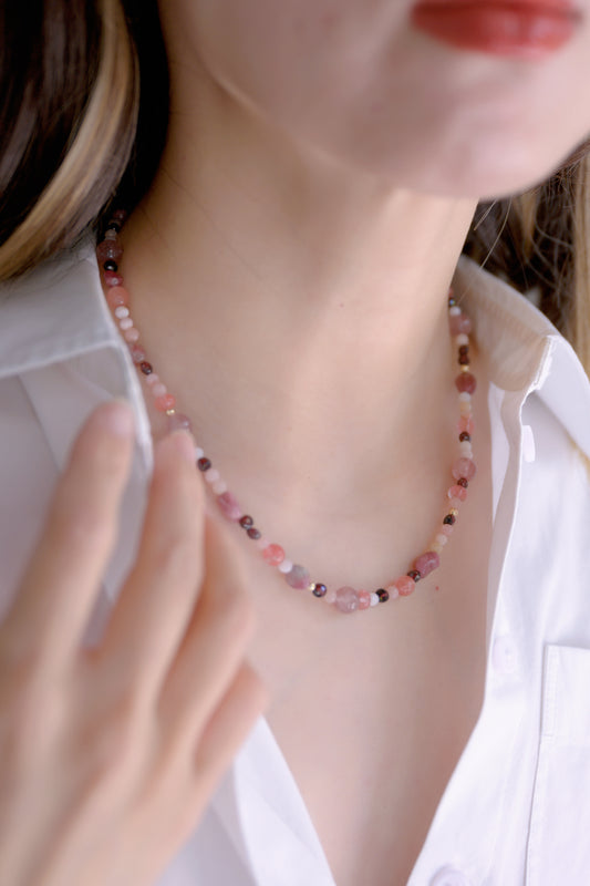 Tender Passion Necklace with Pink Opal, Pink Tourmaline, Strawberry Quartz, and Garnet