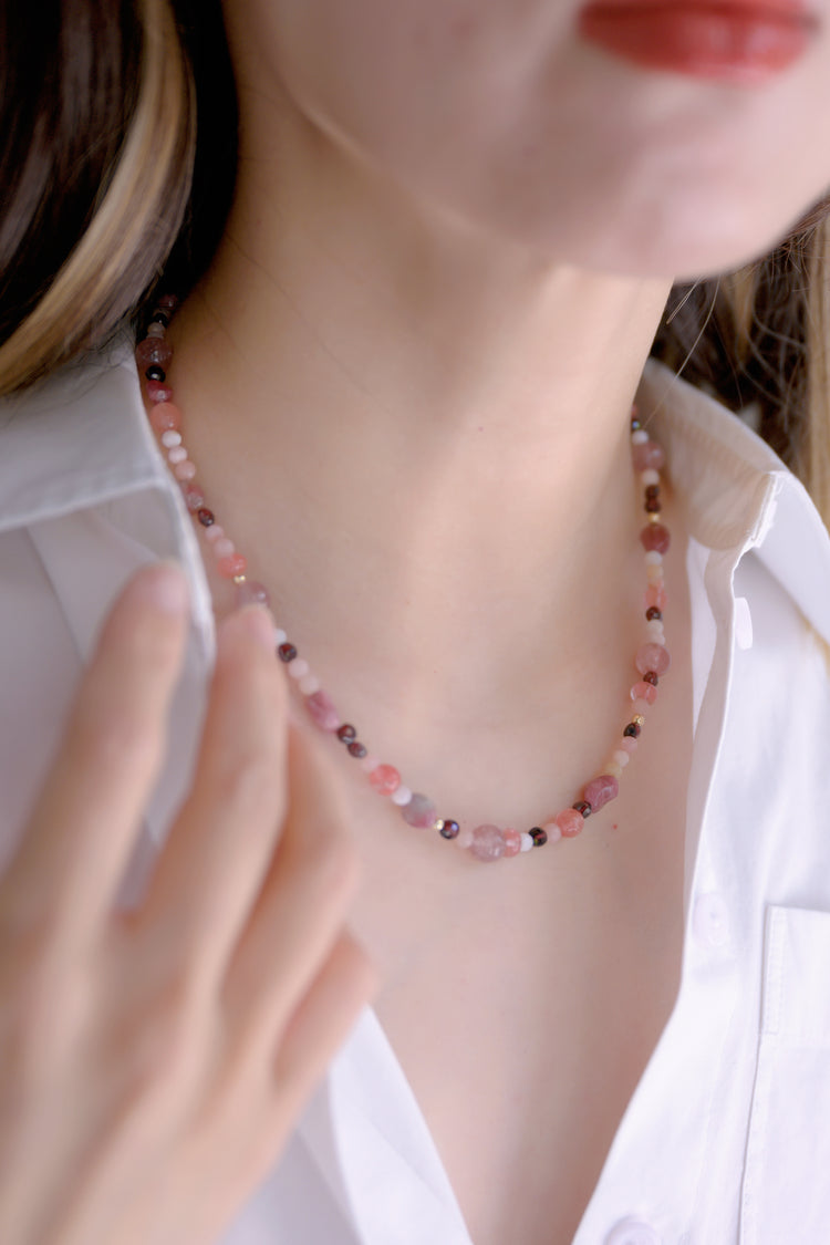 Tender Passion Necklace with Pink Opal, Pink Tourmaline, Strawberry Quartz, and Garnet