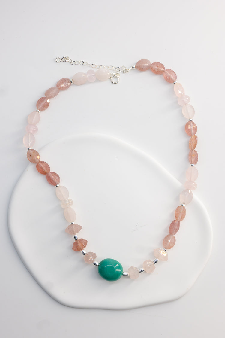 Blossom Within Necklace | Turquoise Madagascar Rose Quartz(A) Strawberry Quartz (A)