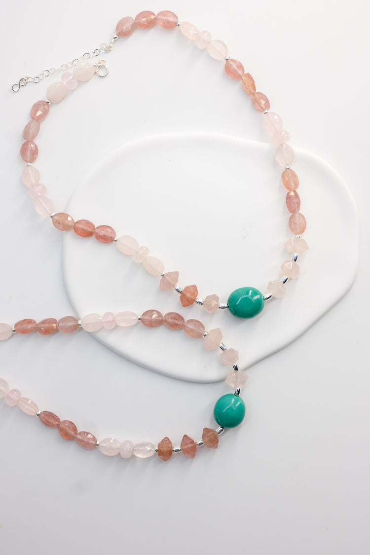 Blossom Within Necklace | Turquoise Madagascar Rose Quartz(A) Strawberry Quartz (A)