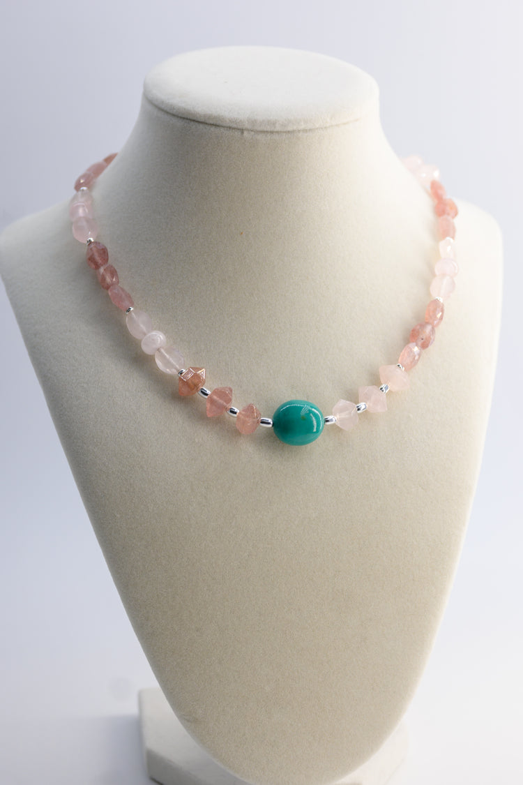 Blossom Within Necklace | Turquoise Madagascar Rose Quartz(A) Strawberry Quartz (A)