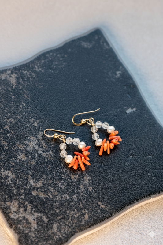 Tuscan Sunrise Halo Earrings | Italian Red Coral (AA) Topaz Freshwater Pearl