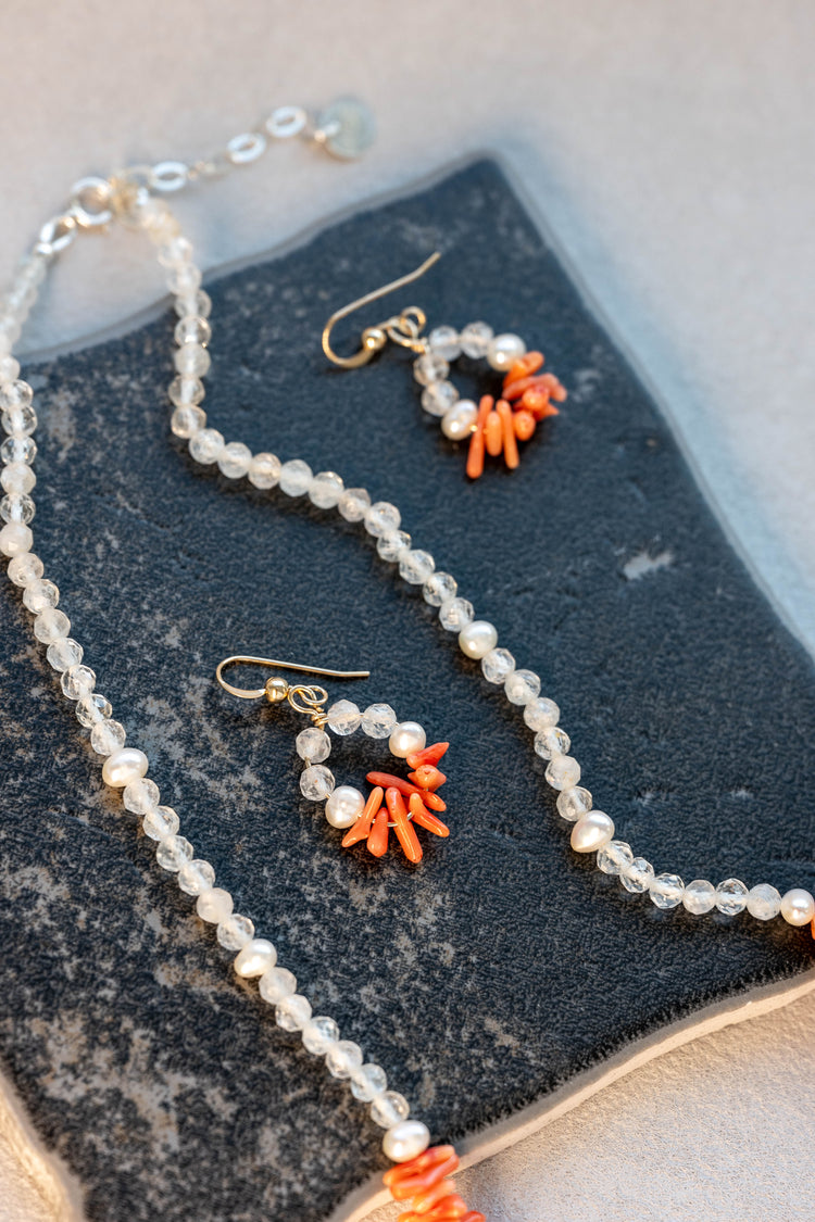 Tuscan Sunrise Halo Earrings | Italian Red Coral (AA) Topaz Freshwater Pearl