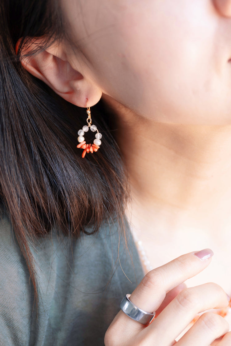 Tuscan Sunrise Halo Earrings | Italian Red Coral (AA) Topaz Freshwater Pearl