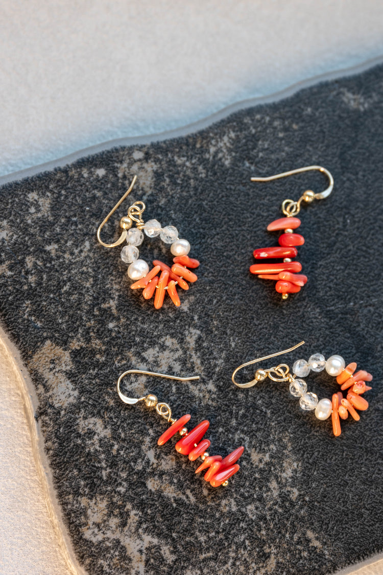 Tuscan Sunrise Halo Earrings | Italian Red Coral (AA) Topaz Freshwater Pearl