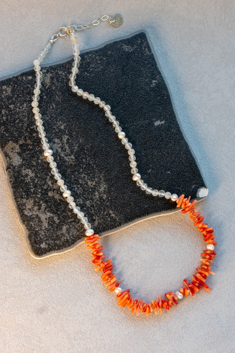 Tuscan Sunrise Necklace | Italian Red Coral (AA) Topaz Freshwater Pearl