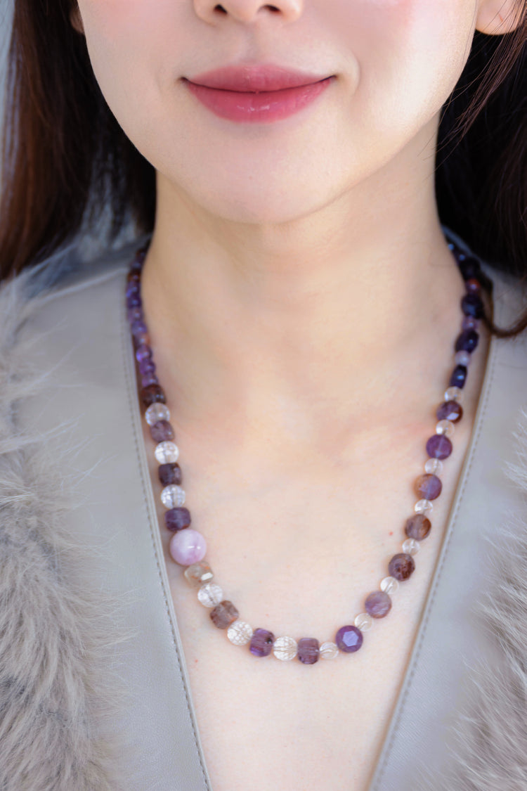 Twilight Gateway 2in1 Bracelet/Necklace | Kunzite(AA) Amethyst(A) Purple Phantom Quartz (Auralite-23) Rock Crystal