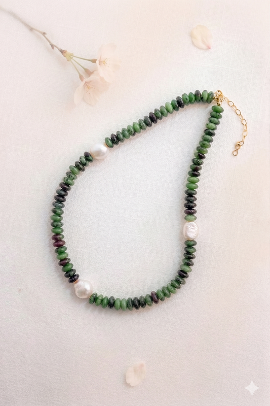 Zoisite Meadow Crown Necklace | Ruby Zoisite Freshwater Pearl